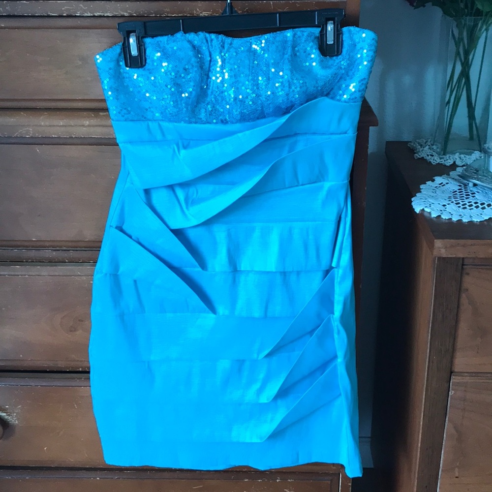 Bright blue strapless mini dress